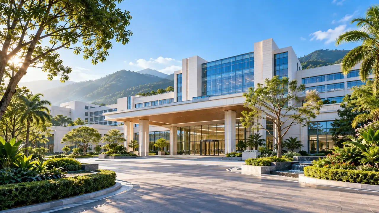 环球国际医院网站使用的院区建筑与绿化庭院示意图